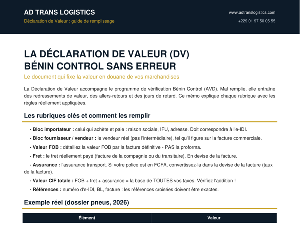 Déclaration de Valeur Bénin Control sans erreur