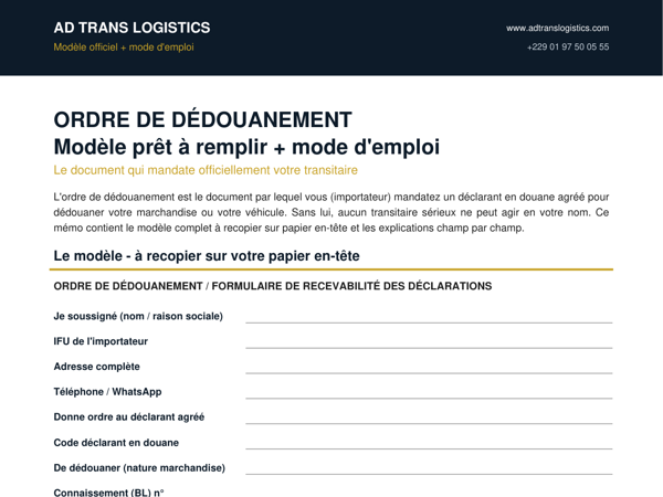 Ordre de dédouanement : modèle prêt à remplir + mode d'emploi