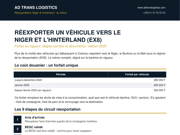 Réexporter un véhicule vers le Niger et l'hinterland