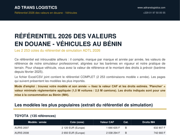 Référentiel 2026 des valeurs en douane — Véhicules